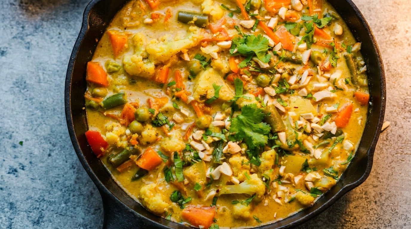 Vegetable curry with cauliflower, carrots, peas, and green beans, topped with cilantro and nuts in a skillet.