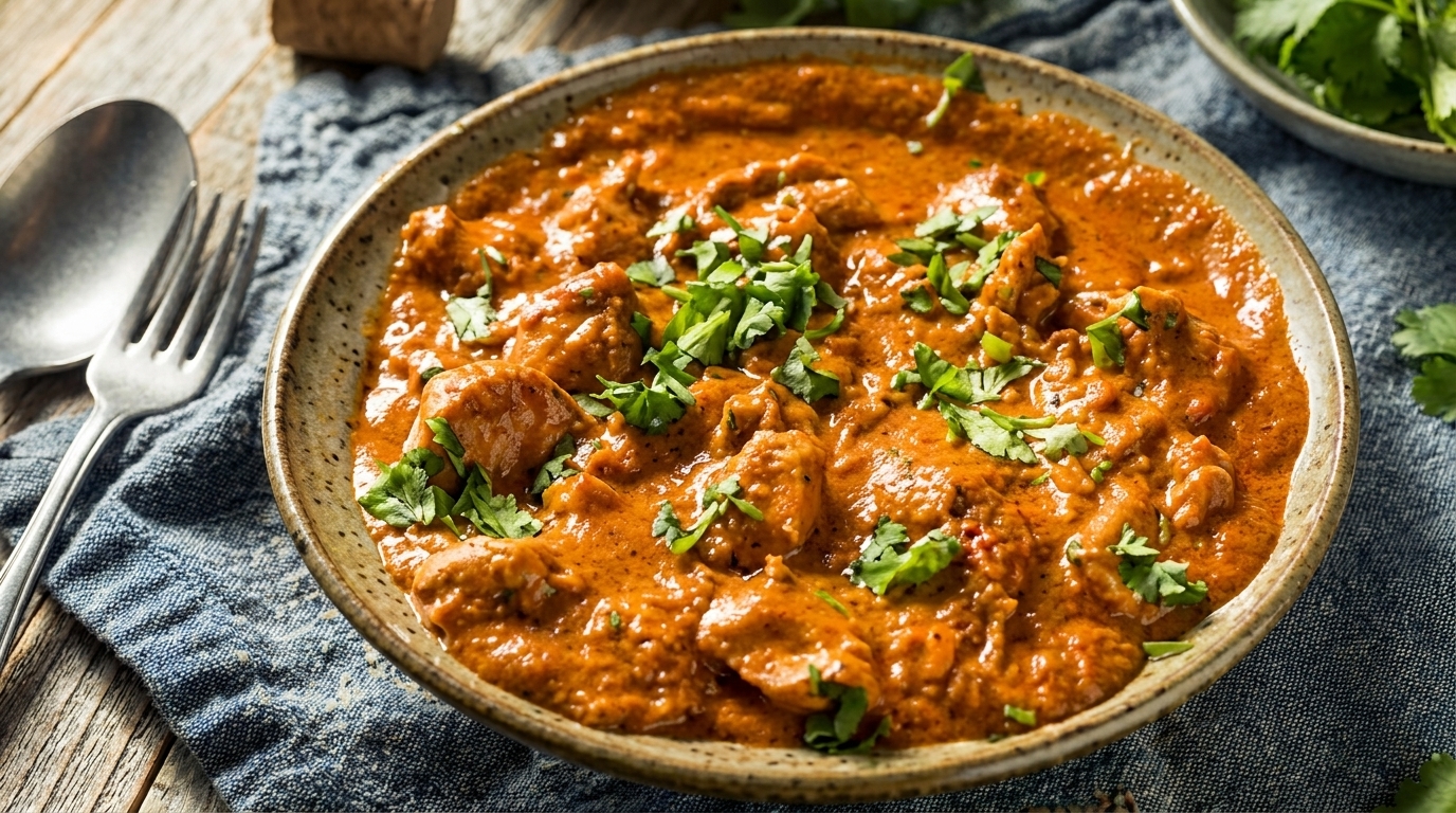 A bowl of chicken tikka masala with cilantro on a rustic wooden table.