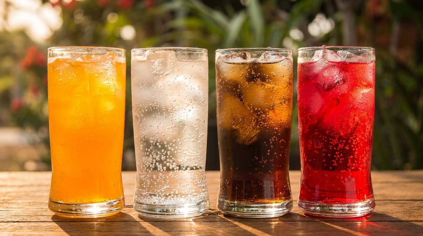 Four glasses of soda, orange, clear, brown, and red, with ice and bubbles on a wooden table.