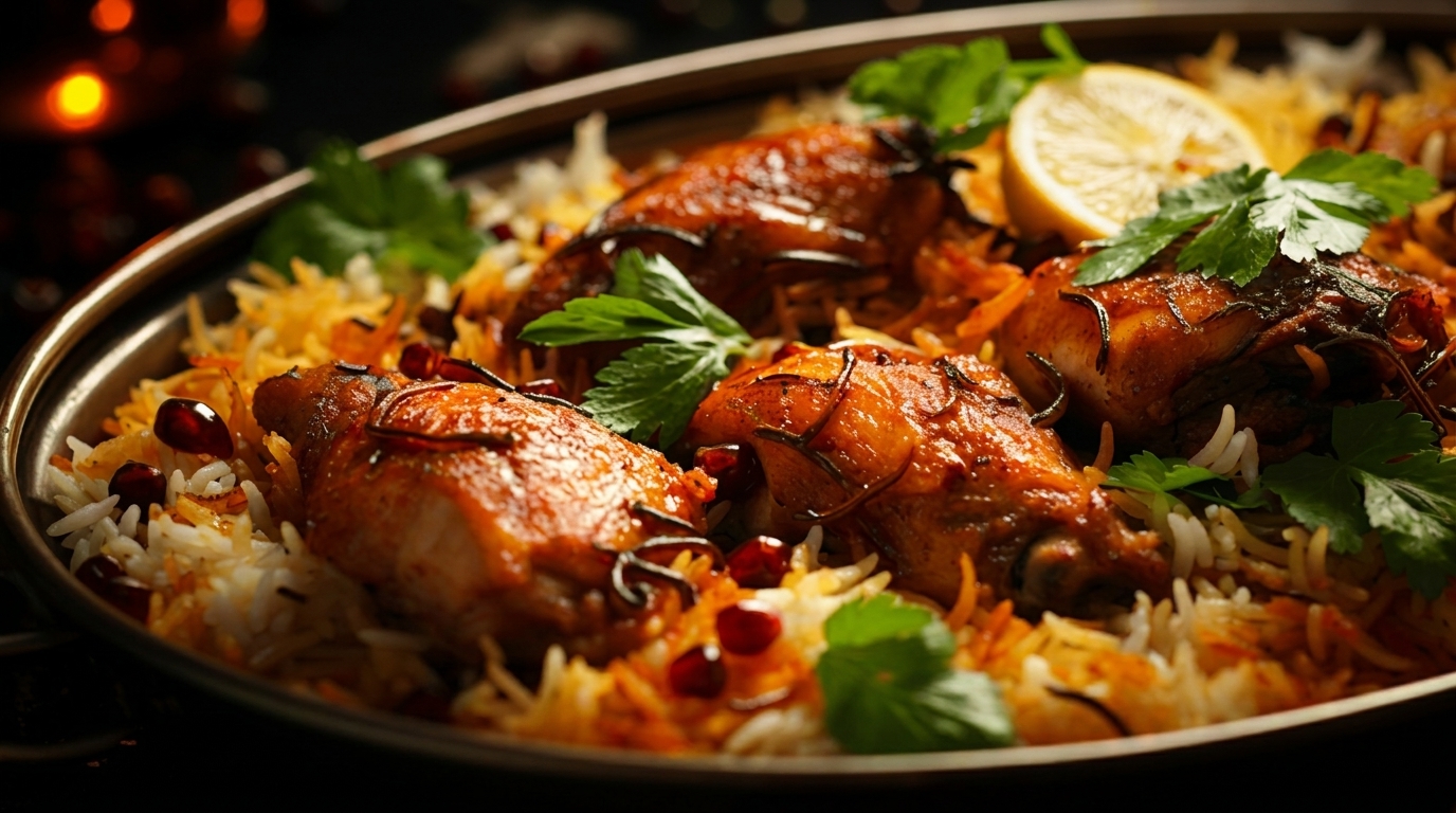 Chicken biryani with rice, pomegranate seeds, cilantro, and a lemon slice in a metal dish.
