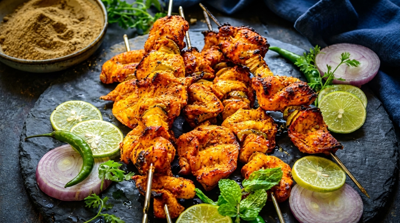 Grilled chicken tikka skewers with lime, red onion, green chili, and spices on a dark platter.