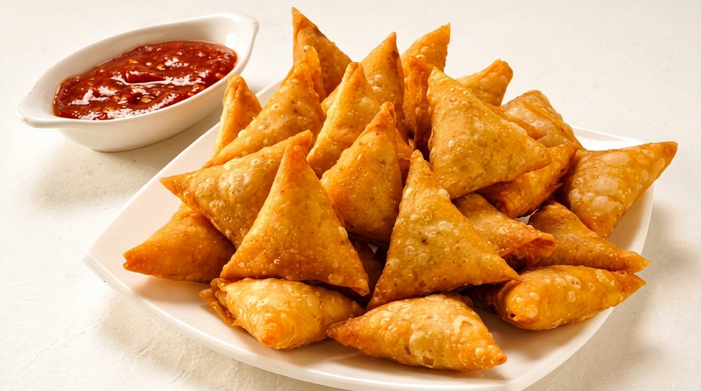A white plate piled high with golden-brown samosas, accompanied by a small dish of red dipping sauce.