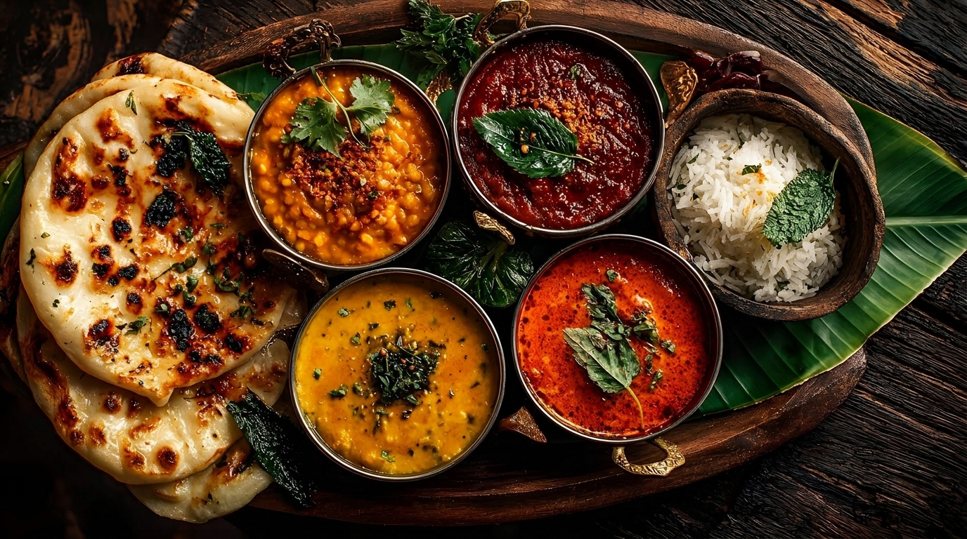 A wooden tray holds naan bread, rice, and four bowls of colorful Indian curries and dals.