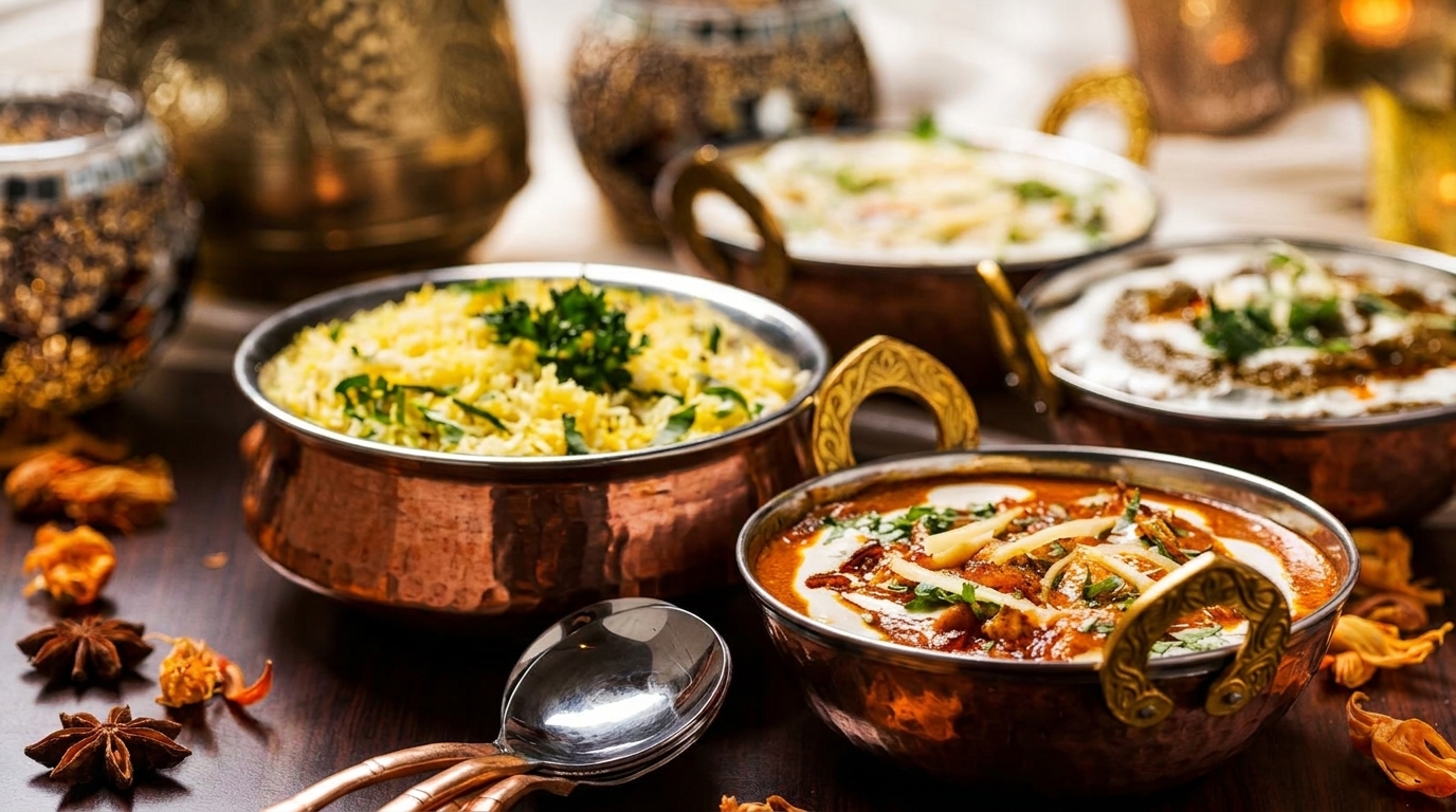Four copper bowls filled with vibrant Indian dishes, including rice, curries, and raita, on a wooden table.