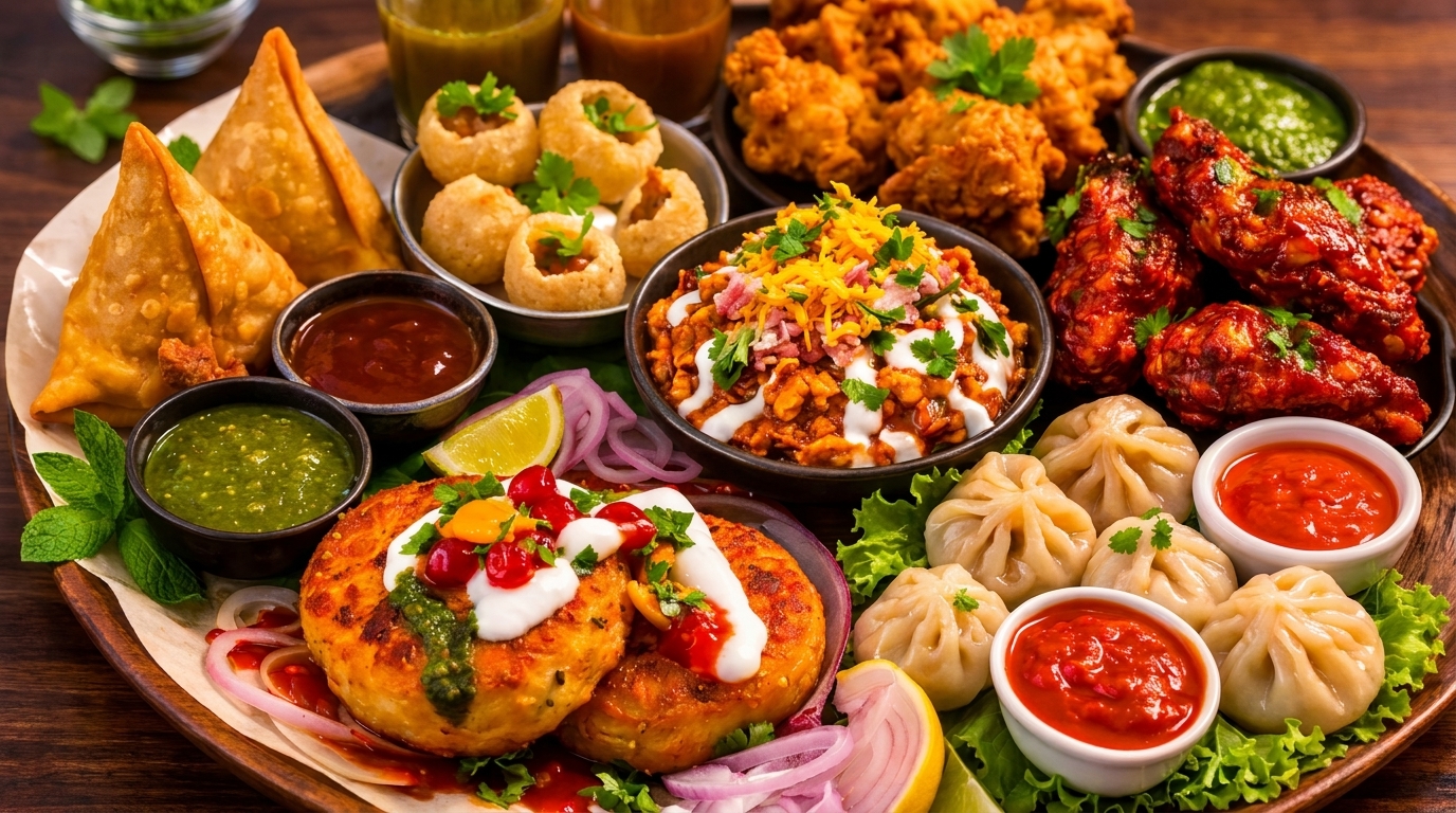 A large platter of various Indian appetizers including samosas, pani puri, chaat, momos, and chicken wings.