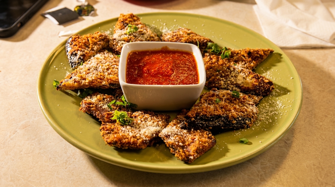 Crispy breaded eggplant parmesan slices with marinara sauce on a green plate.