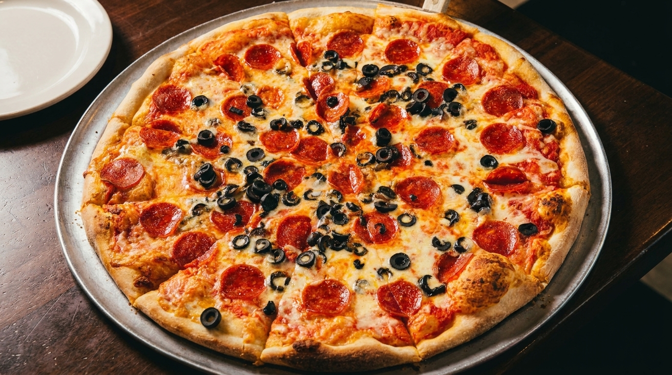 A whole pepperoni and black olive pizza on a metal pan, with a white plate in the background.
