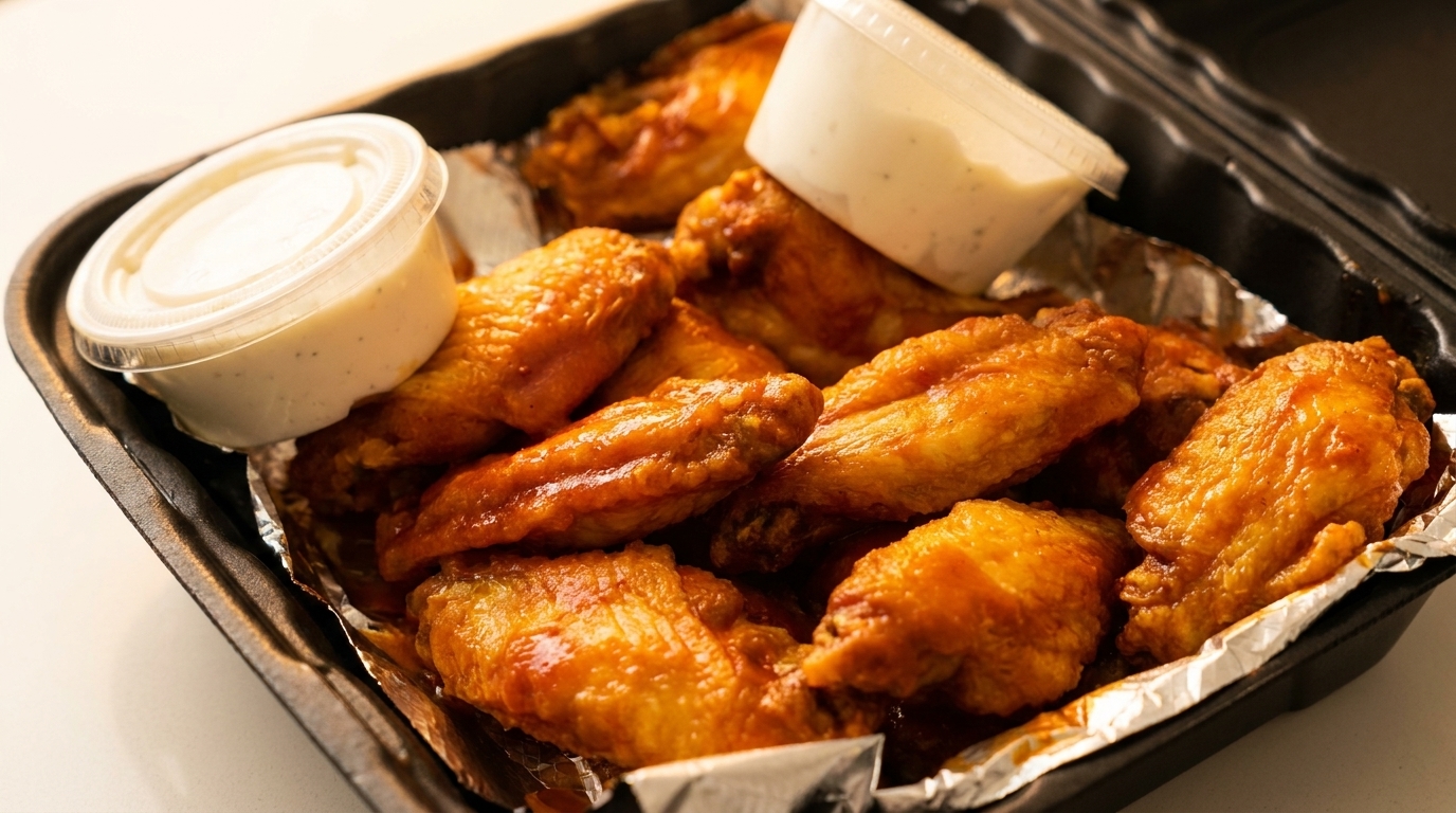 A black takeout container filled with golden-brown chicken wings and two small cups of dipping sauce.