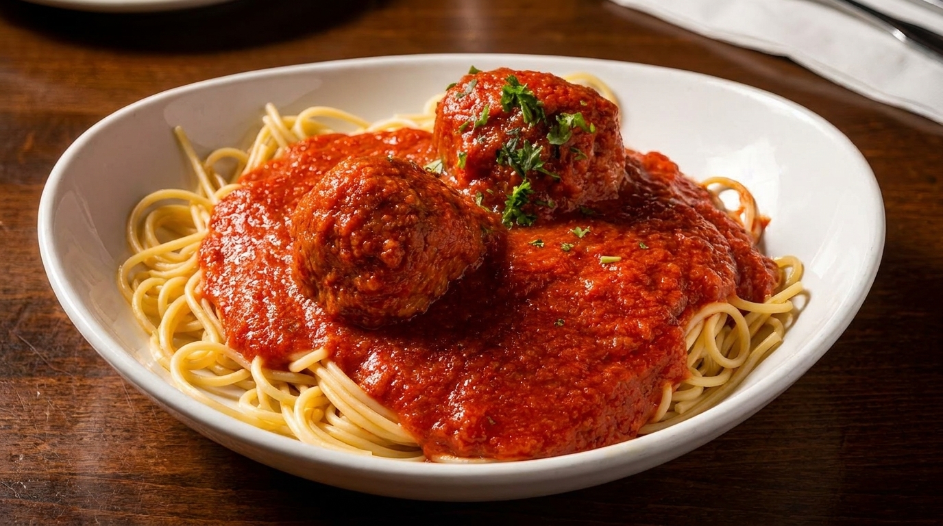 Spaghetti with two large meatballs covered in rich red marinara sauce, garnished with parsley.