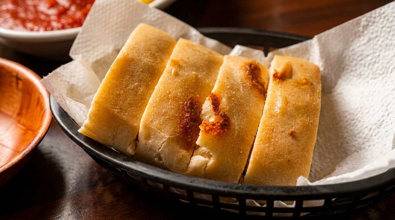 Four golden-brown breadsticks in a black basket lined with white paper, with a bowl of red sauce in the background.
