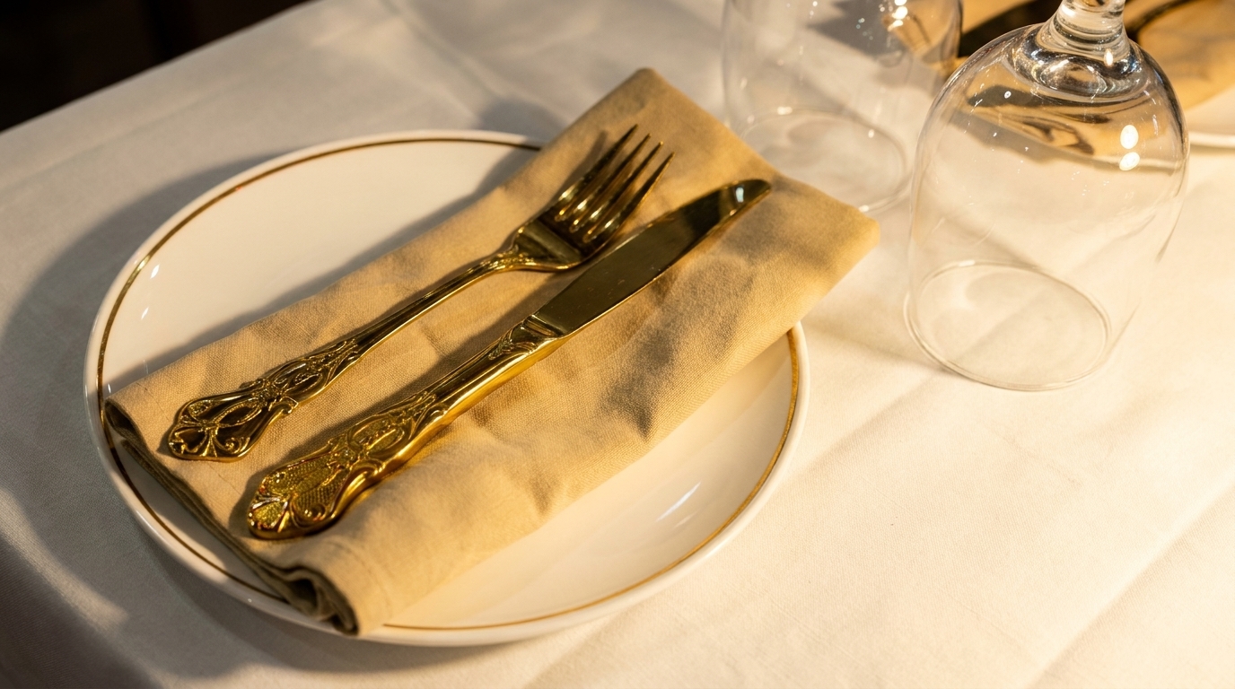 Elegant place setting with gold-rimmed plate, beige napkin, ornate gold fork and knife, and wine glass.