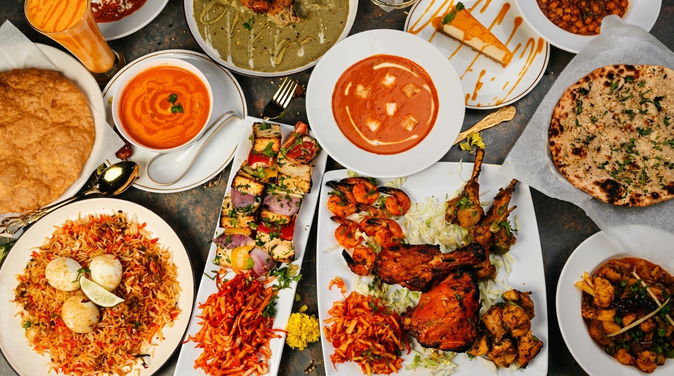 A vibrant spread of Indian dishes, including biryani, curries, naan, grilled meats, and dessert.