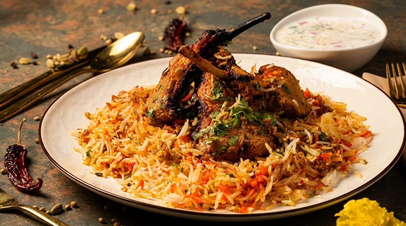 Lamb chops biryani with raita, golden cutlery, and spices on a rustic table.