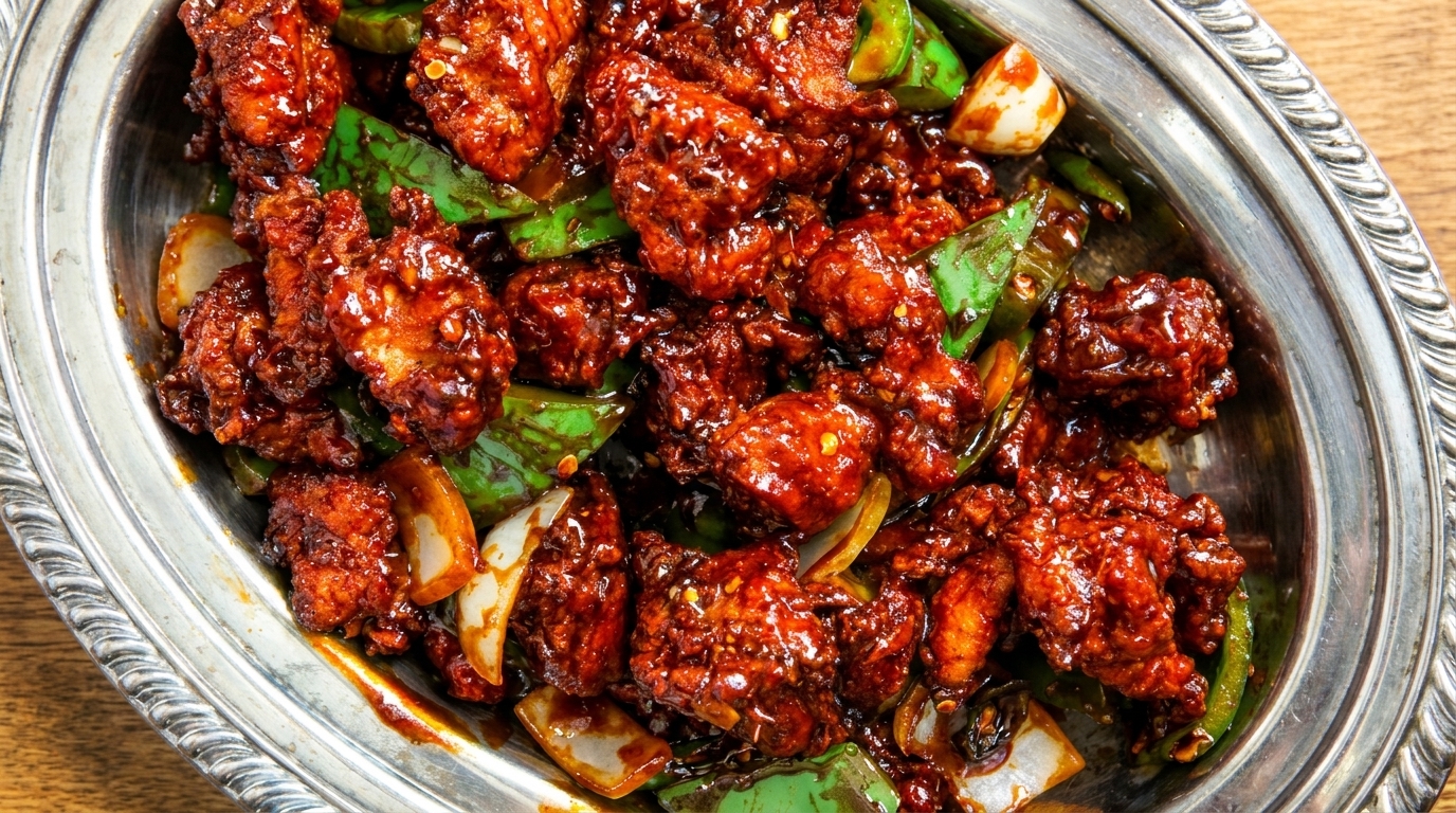 Close-up of General Tso's chicken with green peppers and onions in a silver serving dish.