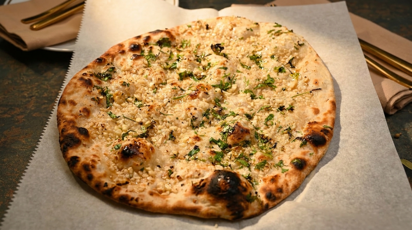 Garlic naan bread, topped with minced garlic and fresh herbs, served on parchment paper.