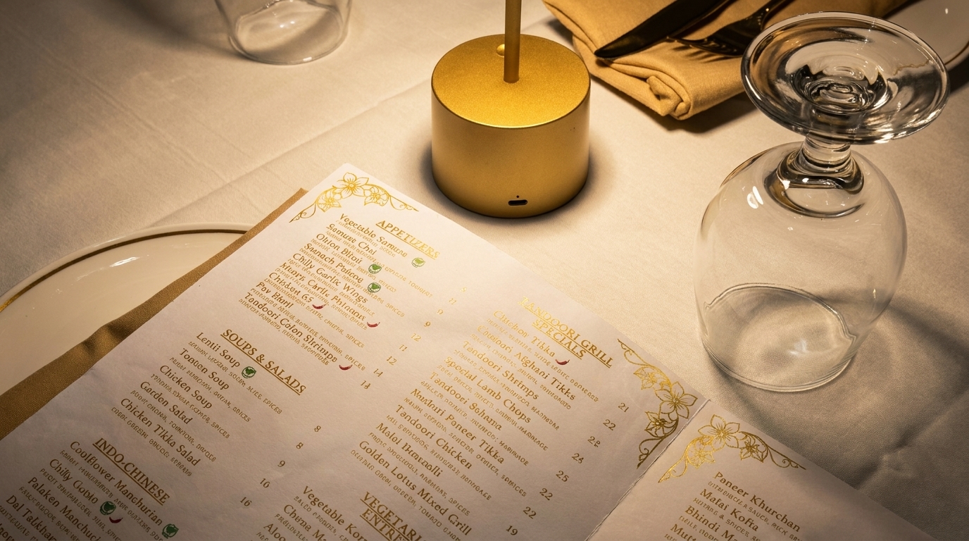A restaurant table with a menu, an inverted wine glass, and a golden table lamp.