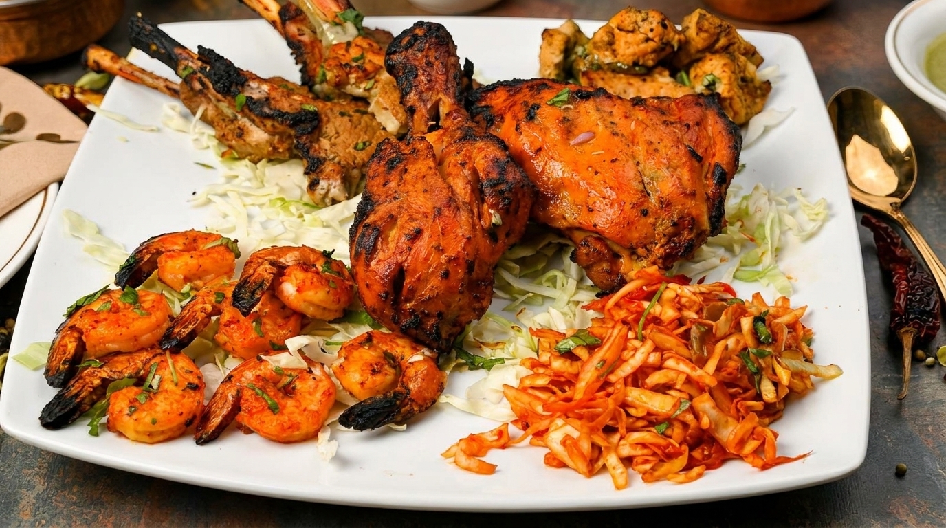 A white platter with grilled chicken, shrimp, lamb chops, and a side of shredded salad.