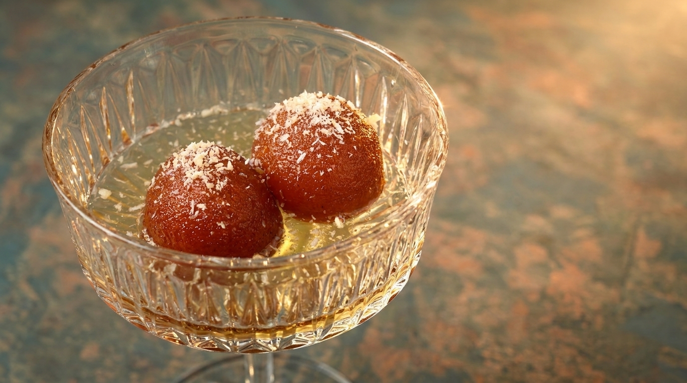 Two gulab jamun, Indian fried dough balls, in syrup and topped with coconut flakes in a glass.