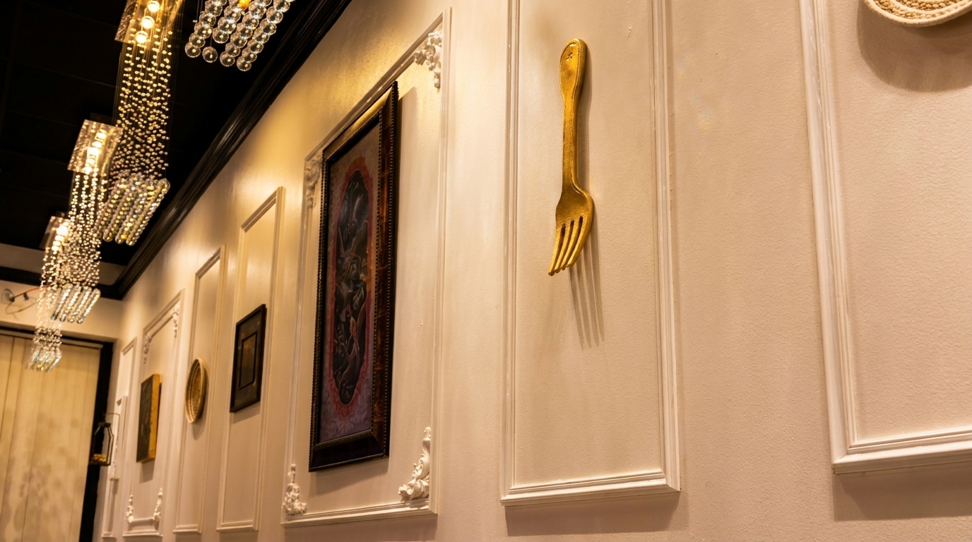 A restaurant hallway with crystal chandeliers, framed art, and a large golden fork wall decoration.