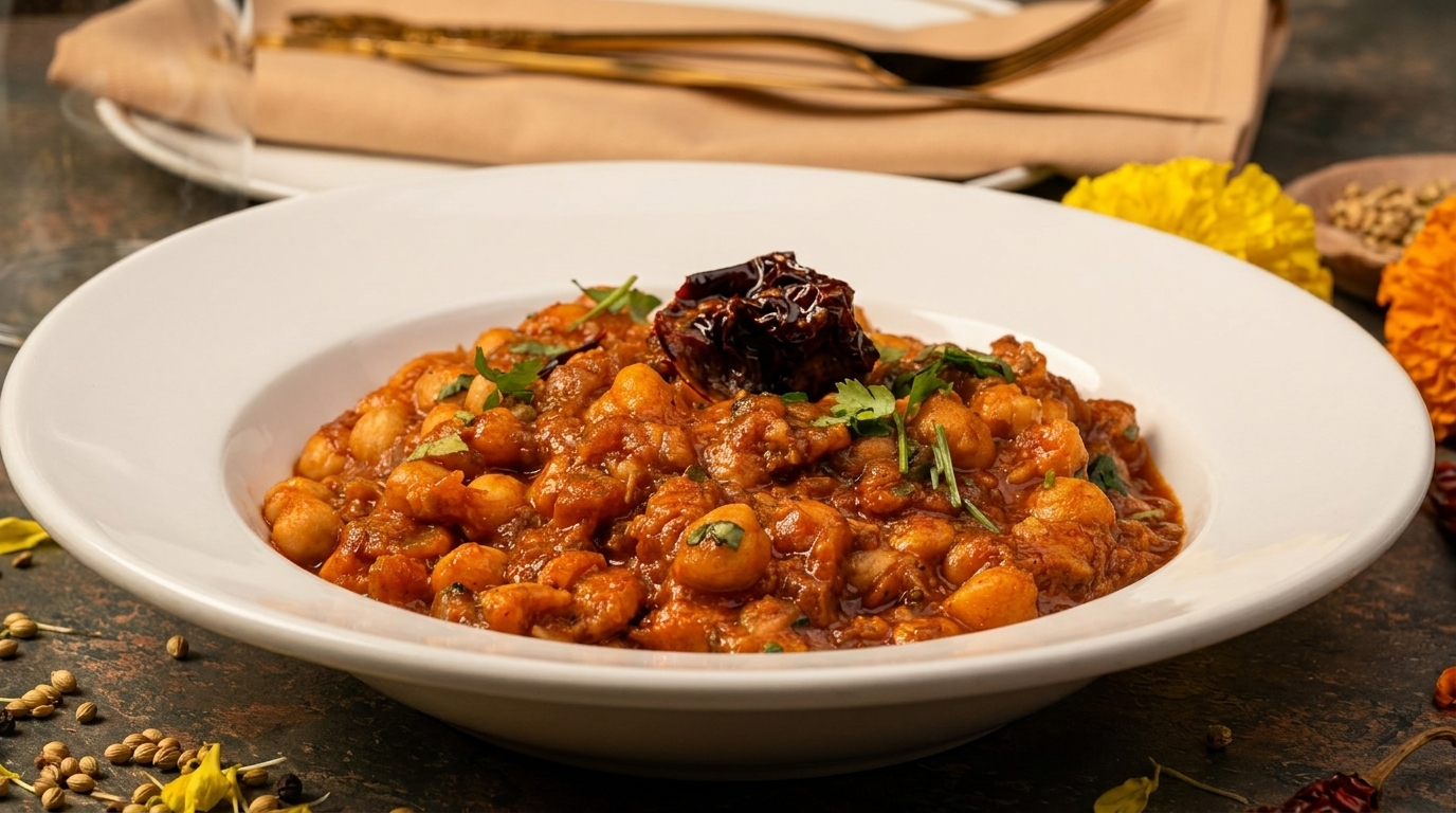 A white bowl filled with chana masala, garnished with cilantro and a dried red chili.