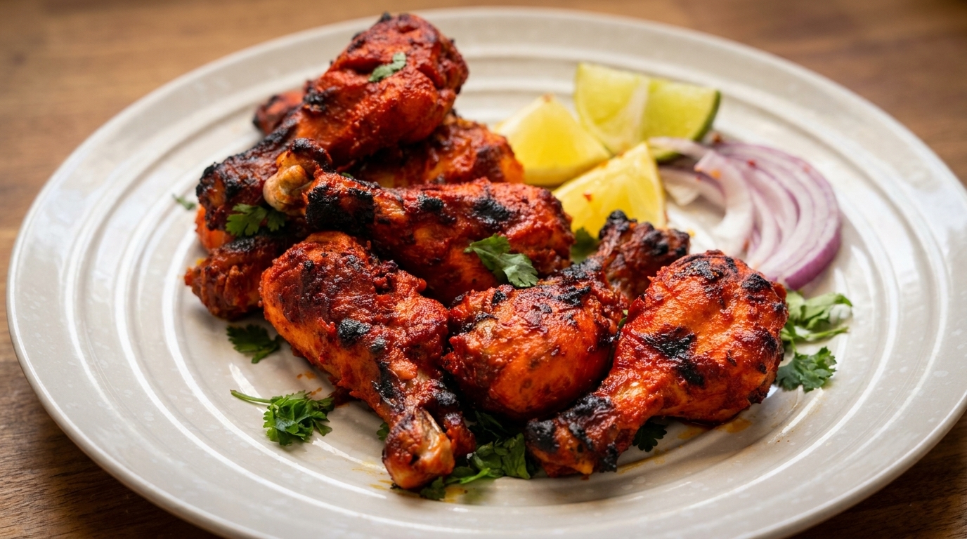 Grilled tandoori chicken drumsticks with lime wedges, red onion, and cilantro on a white plate.