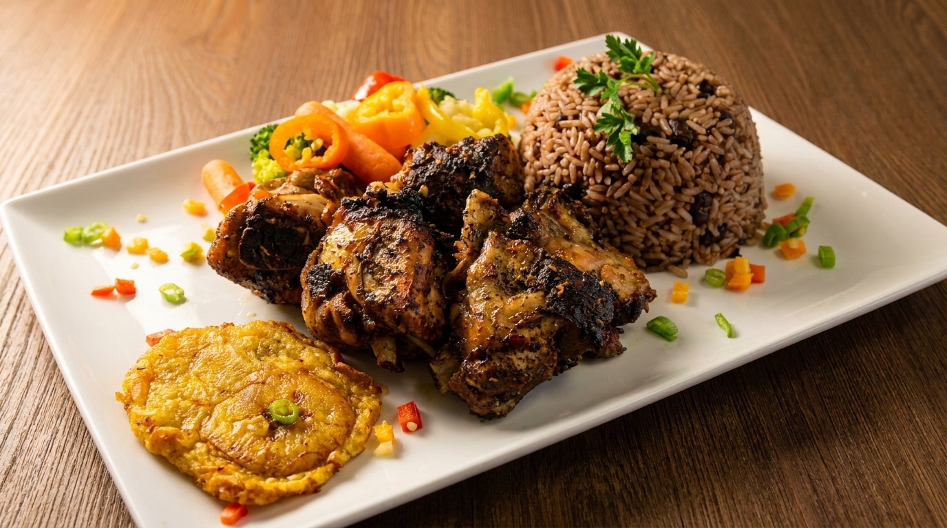 A white plate with jerk chicken, rice and peas, fried plantain, and mixed vegetables.