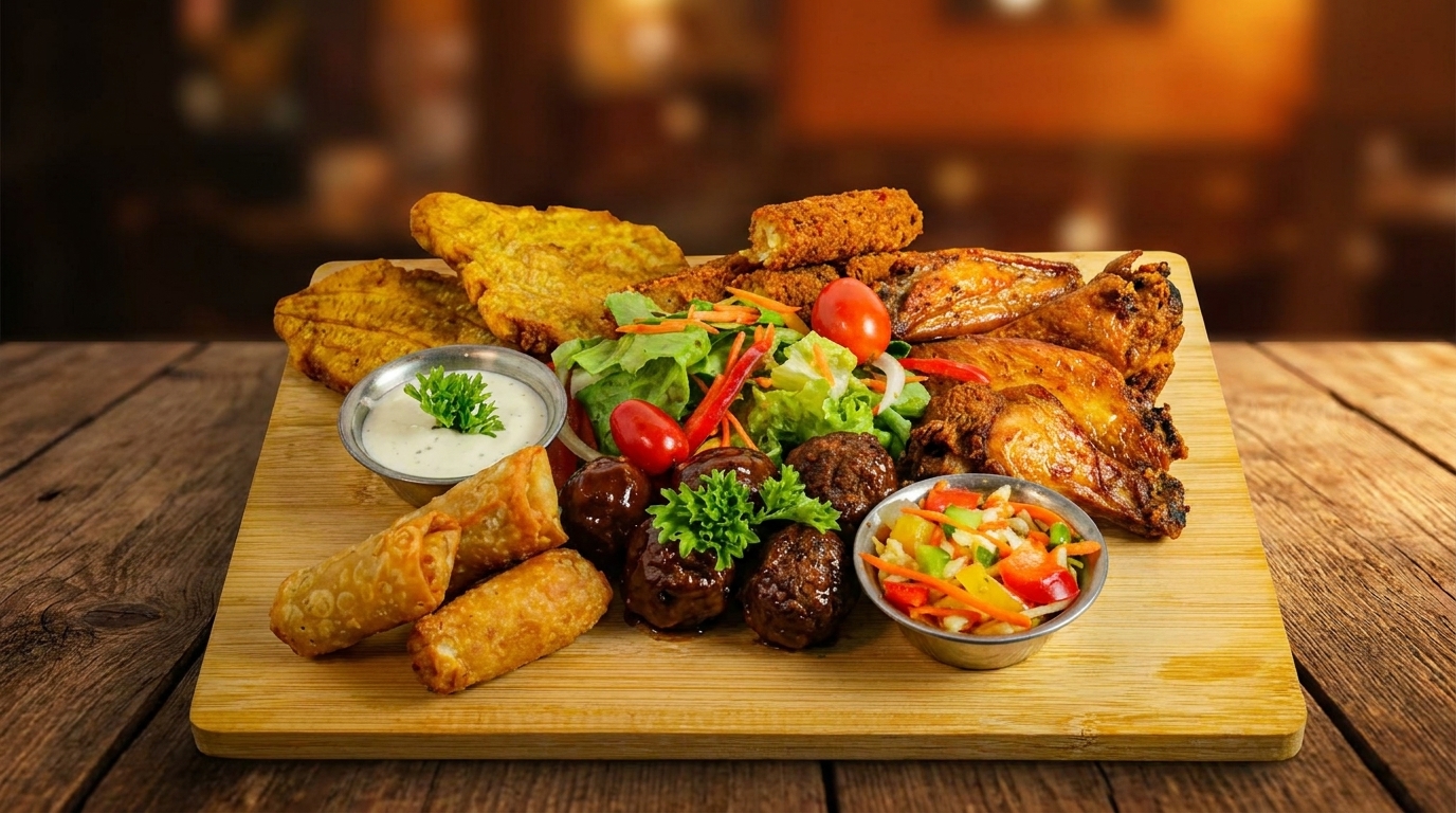 A wooden board with fried plantains, chicken wings, meatballs, egg rolls, salad, and dipping sauces.