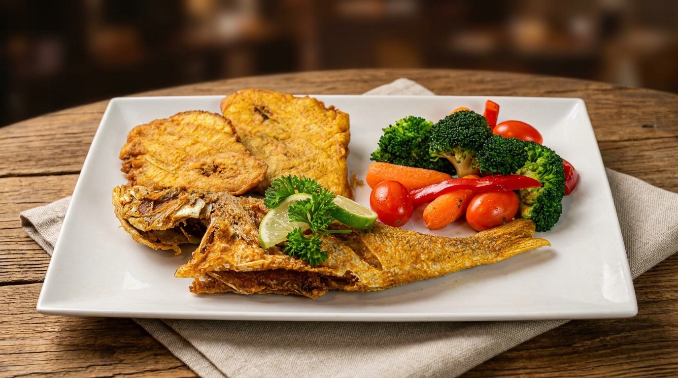 Fried fish with plantains, broccoli, carrots, and cherry tomatoes on a white rectangular plate.