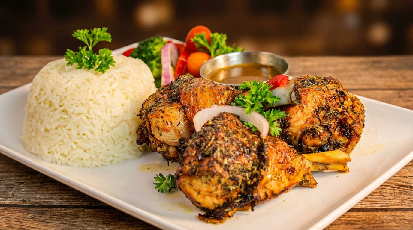 Herb-roasted chicken with white rice, gravy, and a side salad on a white rectangular plate.