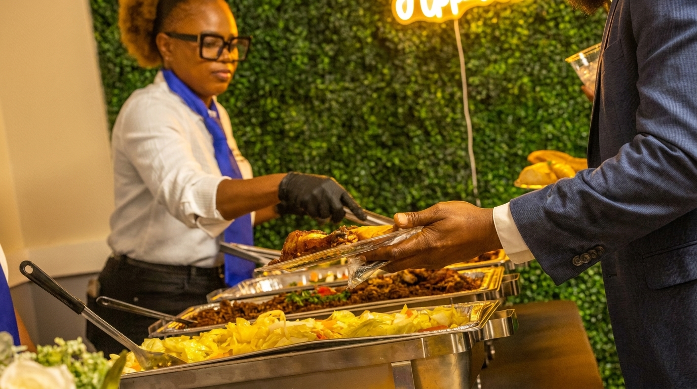 Caterer serving a plate of chicken and plantains to a guest from a buffet line.