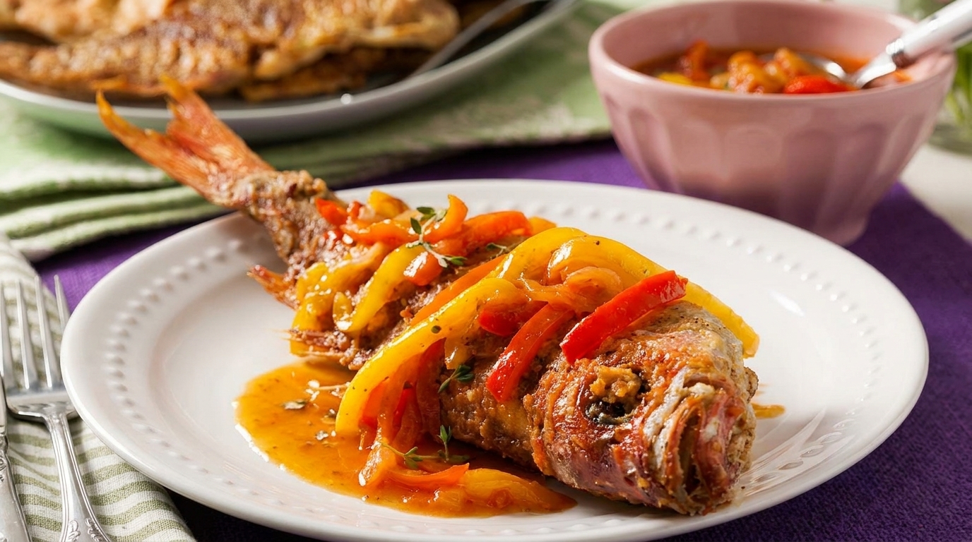 Whole fried fish topped with sautéed red and yellow bell peppers and a savory sauce.