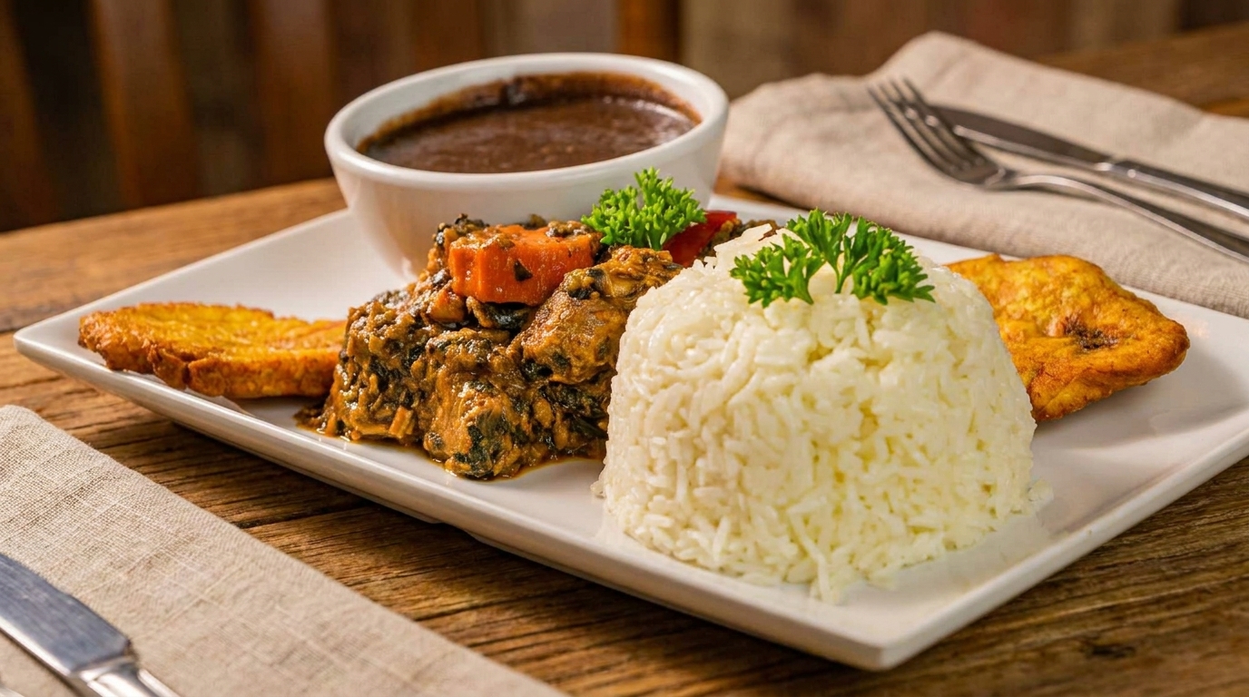 A plate of stewed meat and vegetables, white rice, fried plantains, and a side of dark soup.