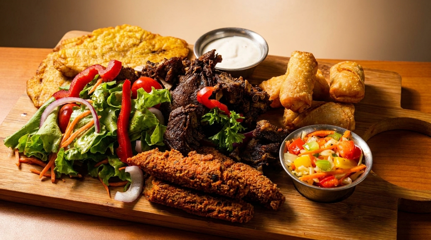 A platter with fried plantains, grilled meat, spring rolls, salad, and a side of coleslaw.