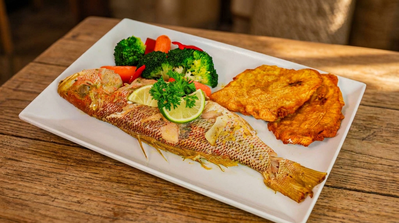 Whole fried fish with lime, parsley, broccoli, carrots, and fried plantains on a white plate.