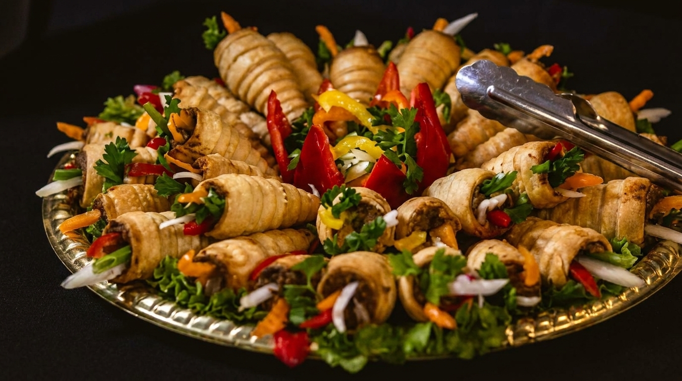 Golden pastry cones filled with colorful vegetables and meat, garnished with parsley on a platter.