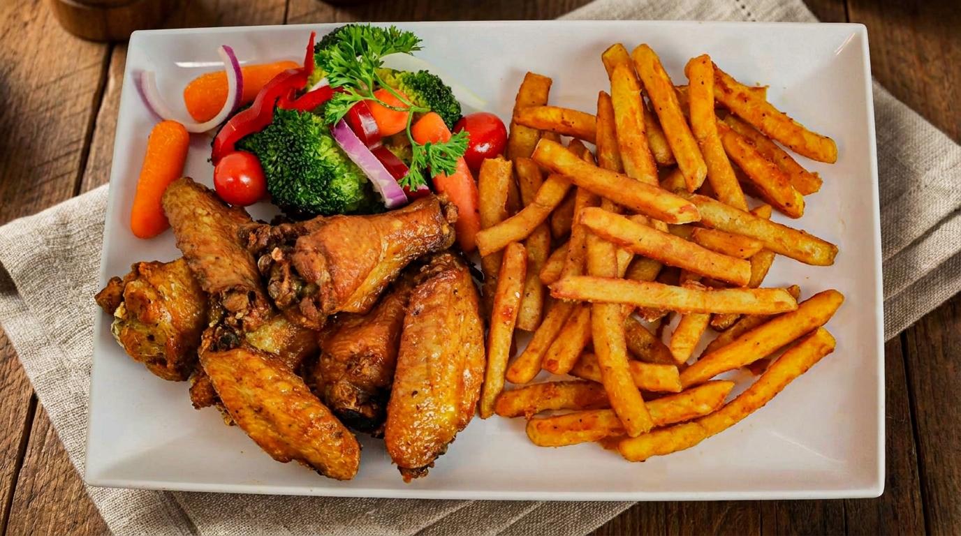 Crispy chicken wings, golden french fries, and a side salad with broccoli, carrots, and tomatoes.