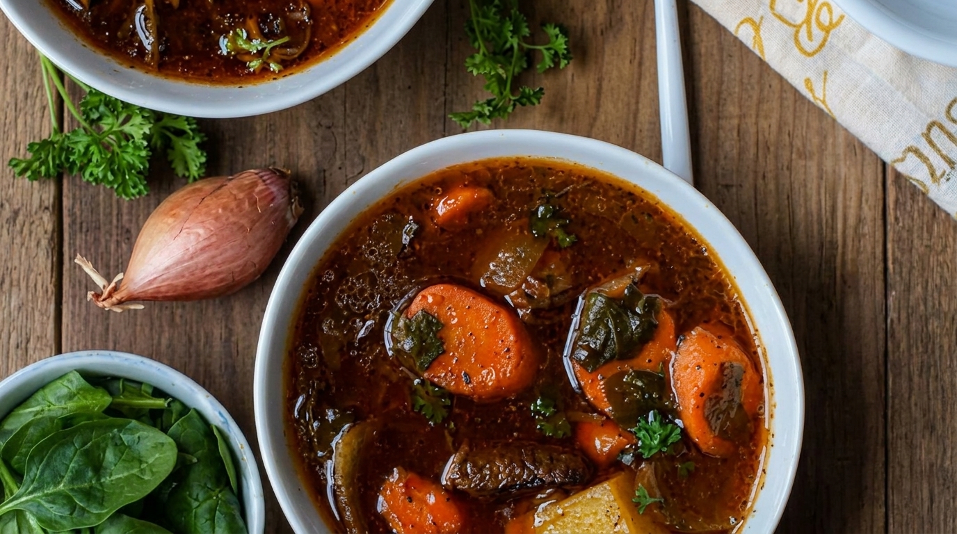Hearty beef stew with carrots and potatoes, garnished with parsley, on a rustic wooden table.