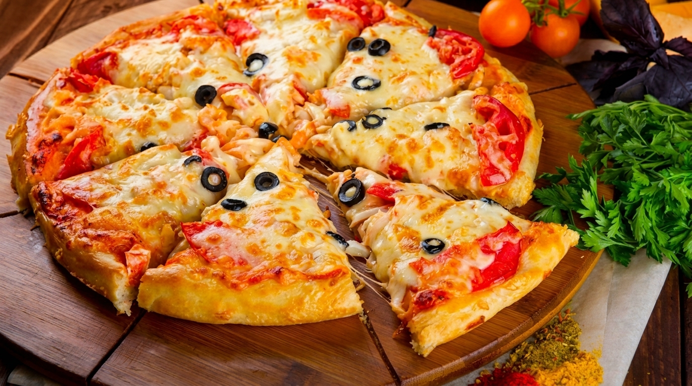 A freshly baked pizza with tomatoes, olives, and melted cheese, served on a wooden board.