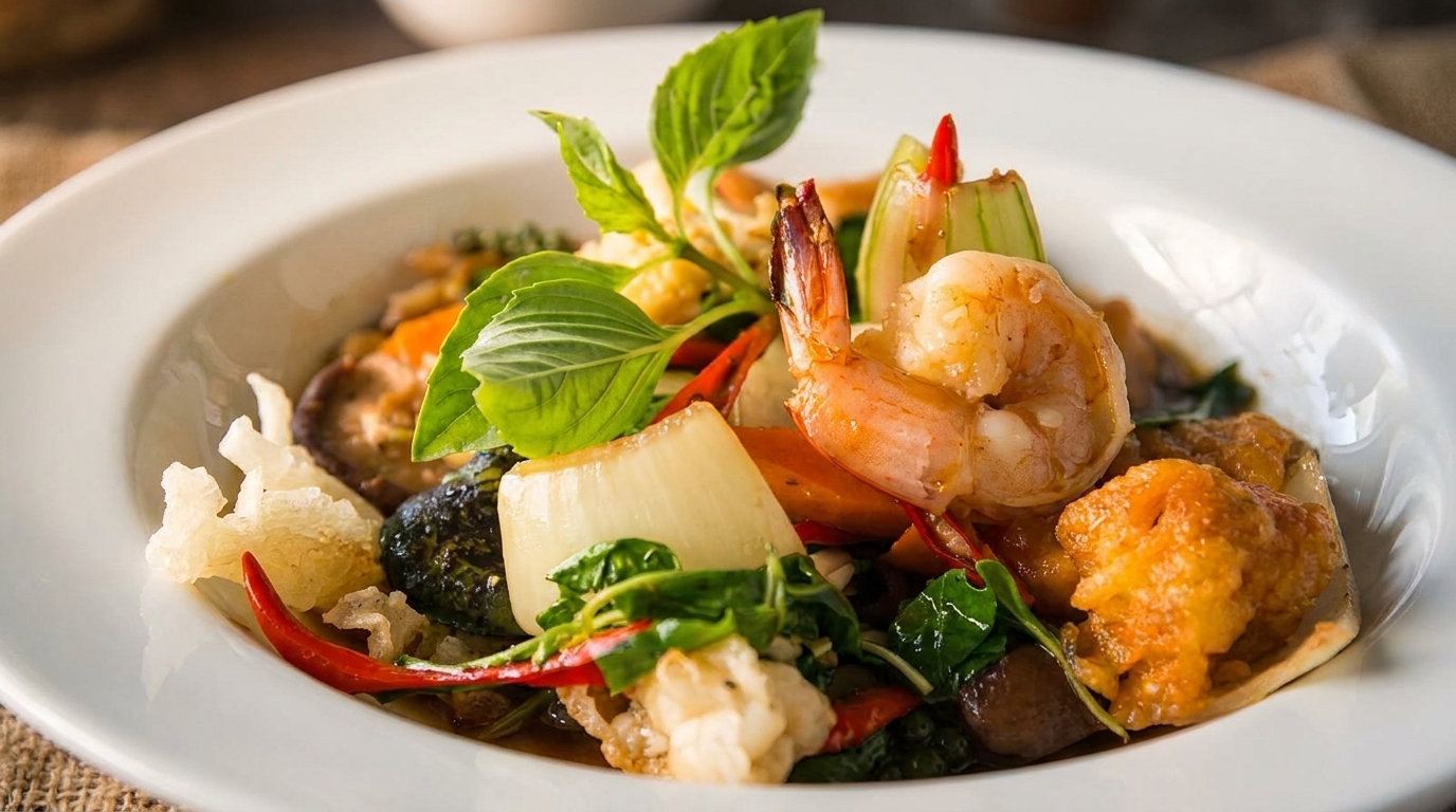 Close-up of a vibrant Thai dish with shrimp, vegetables, and basil in a white bowl.