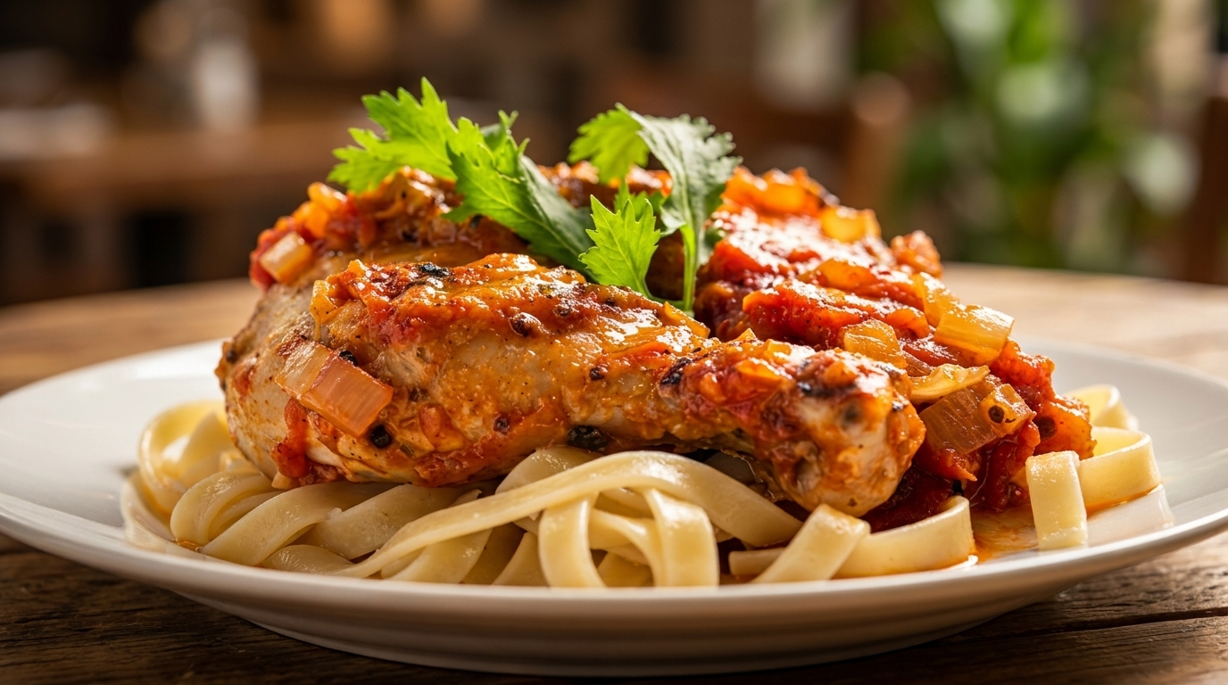 Chicken cacciatore with pasta and fresh parsley on a white plate.