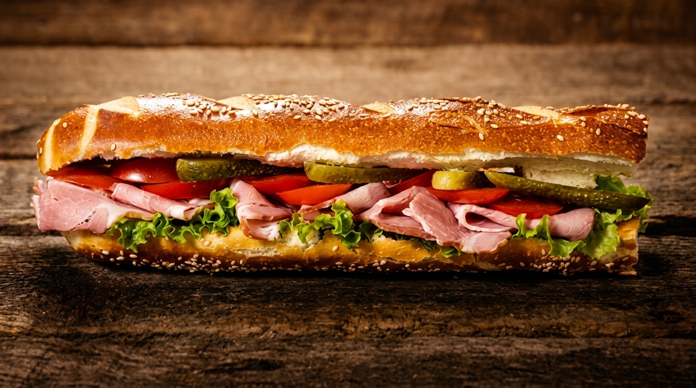 A large submarine sandwich filled with ham, lettuce, tomatoes, and pickles on a wooden surface.