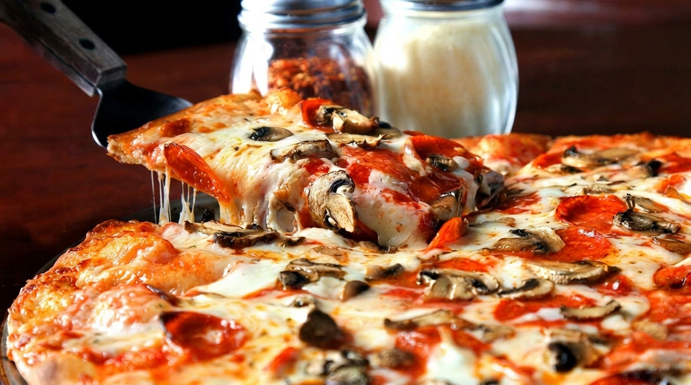 A slice of pepperoni and mushroom pizza being lifted, with cheese stretching, next to shakers of red pepper and parmesan.