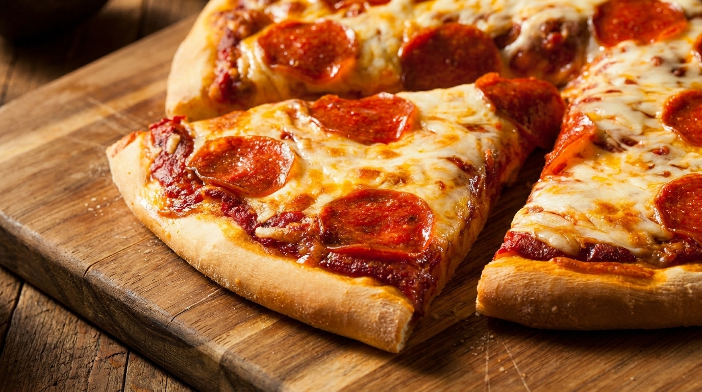Slices of pepperoni pizza with melted cheese and tomato sauce on a rustic wooden board.