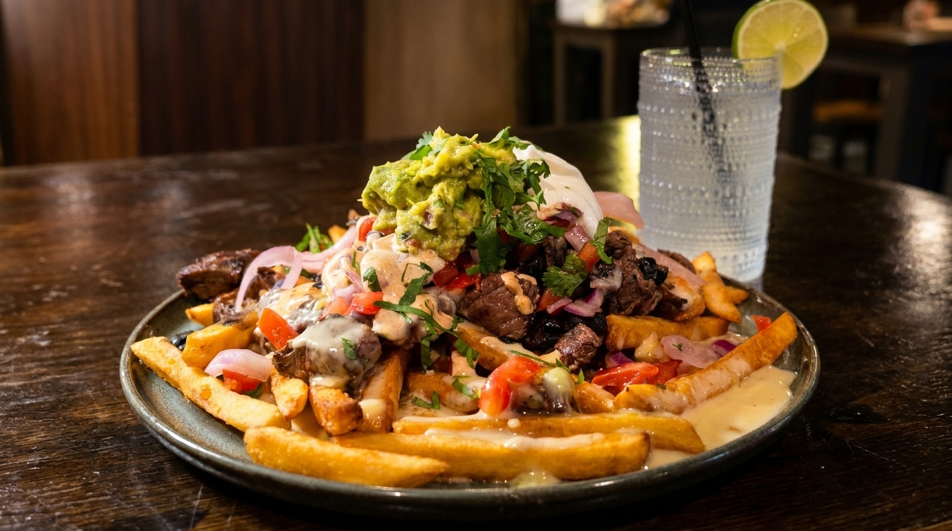 Loaded fries topped with steak, guacamole, sour cream, red onions, tomatoes, and cilantro, with a drink.