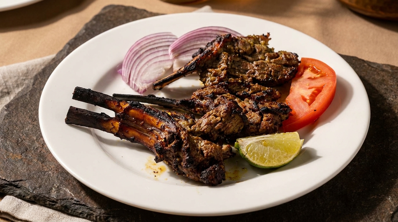 Grilled lamb chops and meat pieces with red onion, tomato, and lime on a white plate.