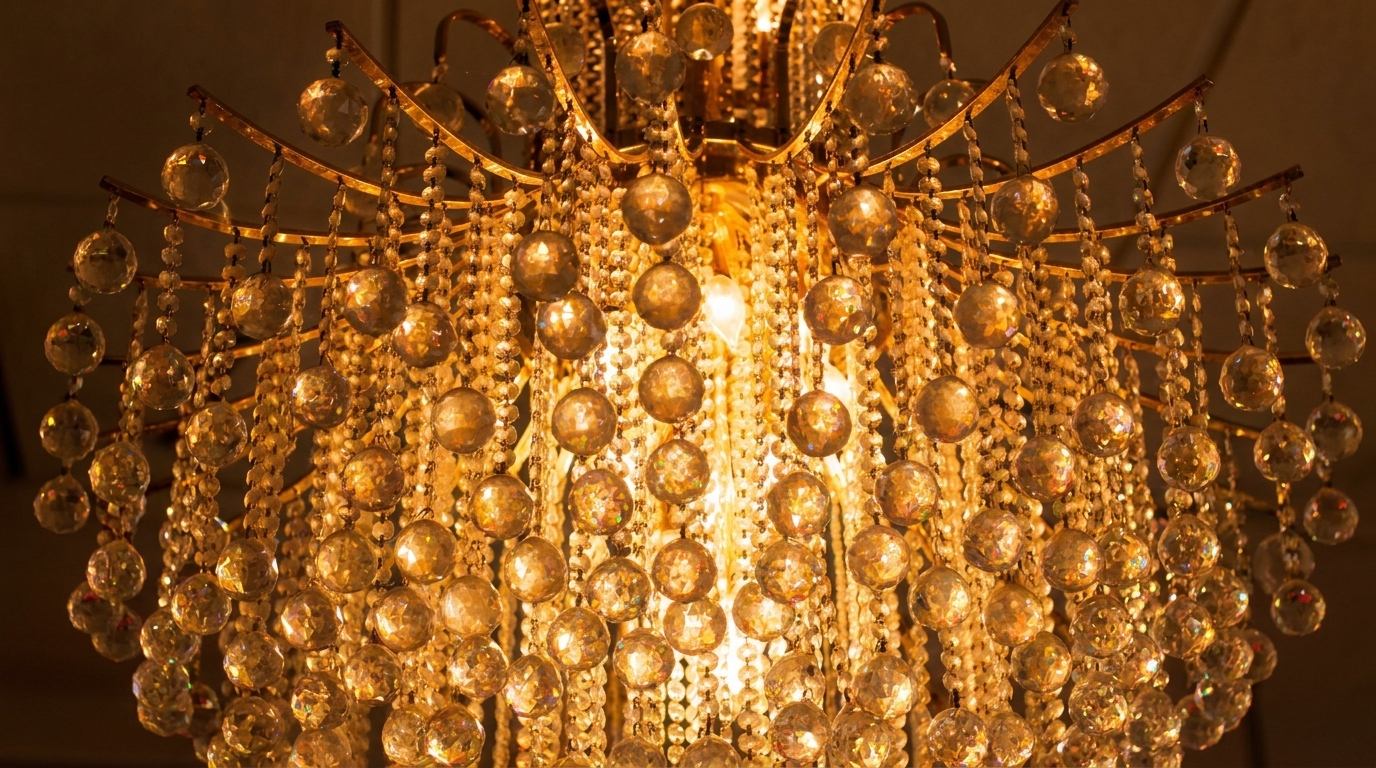 Close-up of a luxurious golden chandelier with numerous sparkling crystal beads and warm lighting.