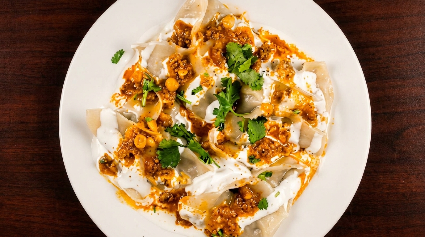 A plate of dumplings topped with white sauce, red chili oil, ground meat, chickpeas, and cilantro.