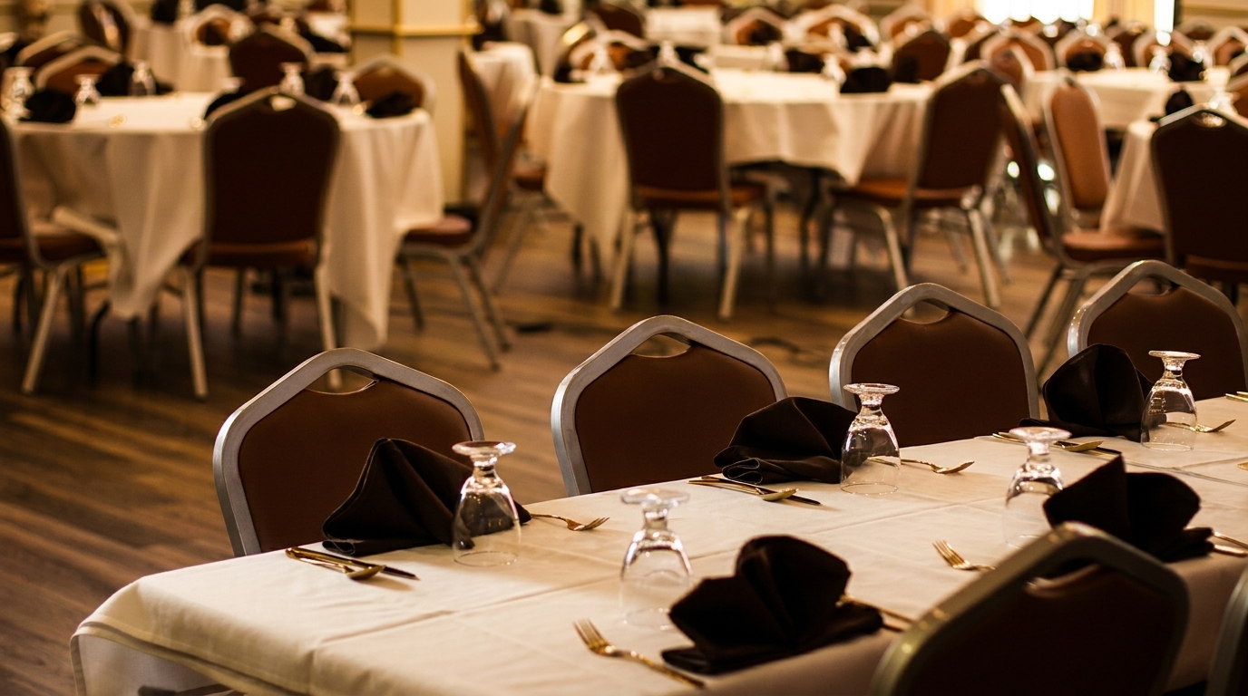 Tables set with white tablecloths, dark brown napkins, and glasses in a banquet hall.