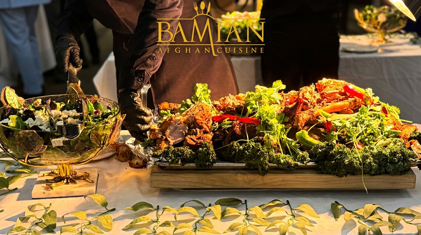 A Bamian Afghan Cuisine buffet with a large platter of meat and greens, and a salad bowl.