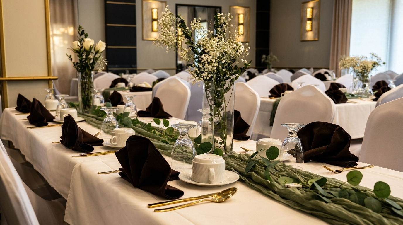 Elegantly set dining tables with white tablecloths, brown napkins, gold cutlery, and floral centerpieces.